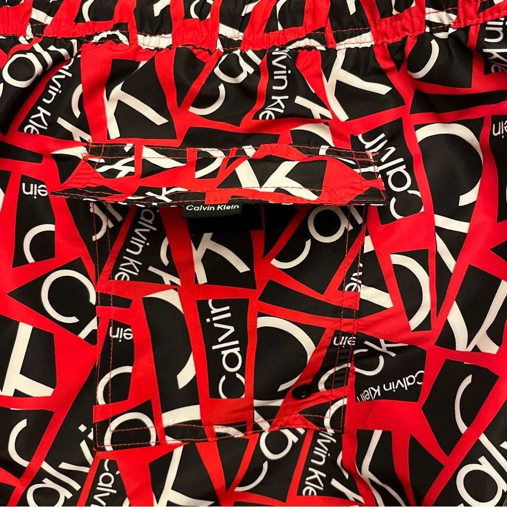 Mens Calvin Klein Swim Trunks XXL NWT Quick Dry UPF 40+ RED BLACK WHITE Collage